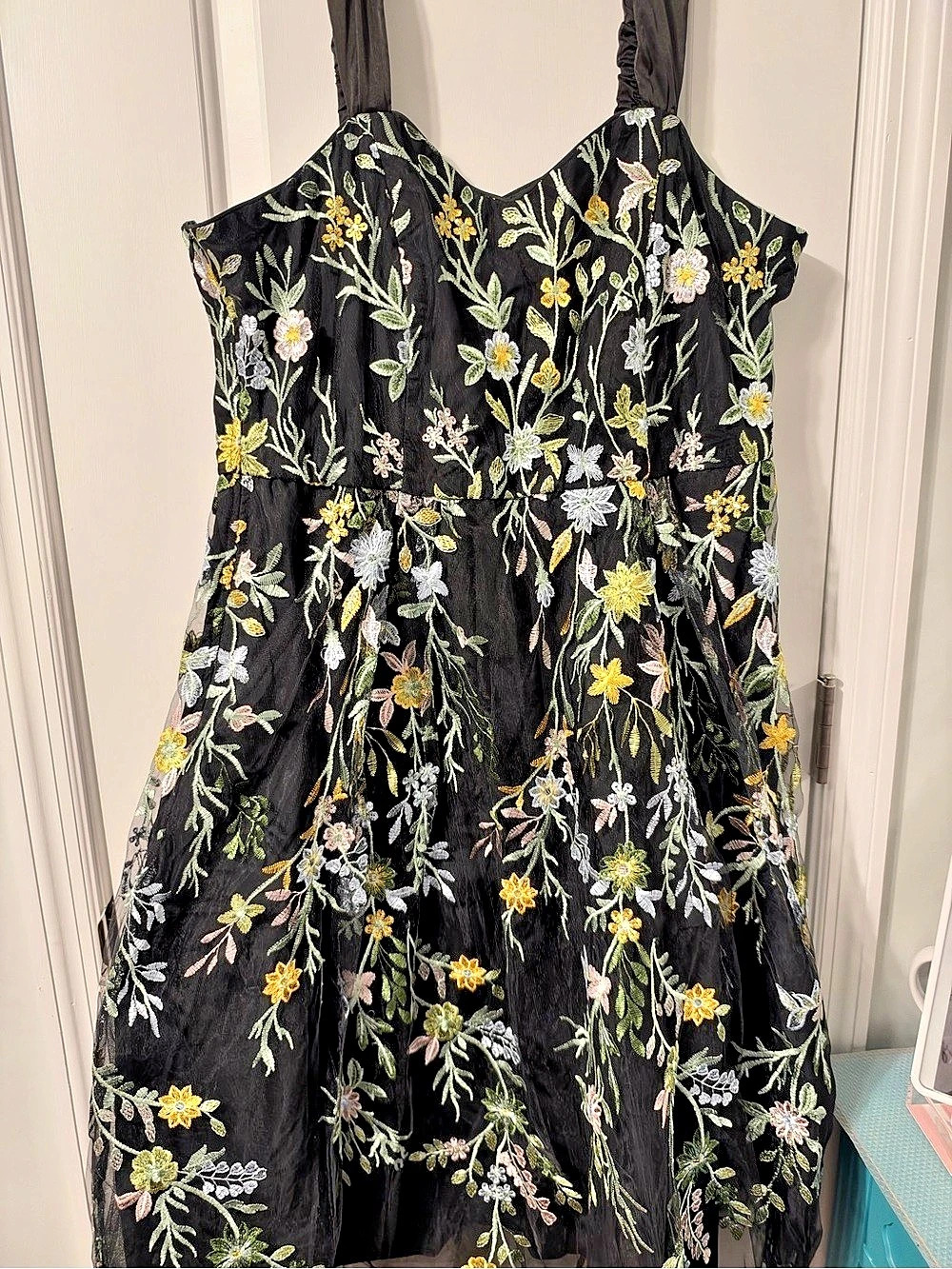 Floral Embroidered Dress in Black & Yellow